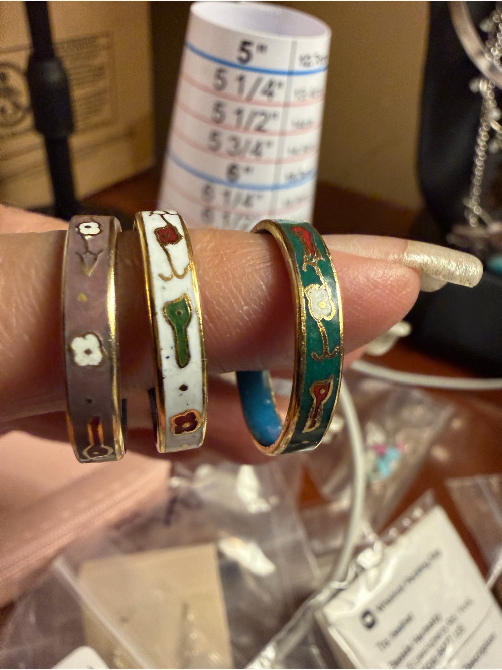 Vintage Cloisonne Enamel Stacking Rings Set 3 Gold Tone Floral Band Boho 8-1/4”-